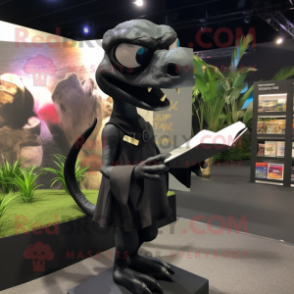 Black Dimorphodon mascot costume character dressed with a Polo Shirt and Reading glasses