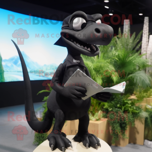 Black Dimorphodon mascot costume character dressed with a Polo Shirt and Reading glasses