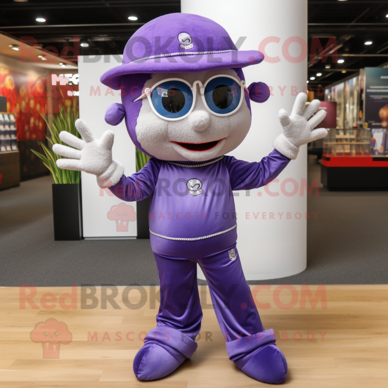 Purple Acrobat mascot costume character dressed with a Jeggings and Headbands Purple Acrobat mascot costume character dressed with a Jeggings and Headbands