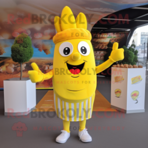 Lemon Yellow French Fries mascot costume character dressed with a Henley Tee and Headbands