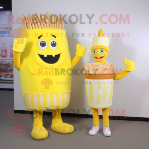 Lemon Yellow French Fries mascot costume character dressed with a Henley Tee and Headbands