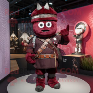Maroon Samurai mascot costume character dressed with a Dungarees and Brooches
