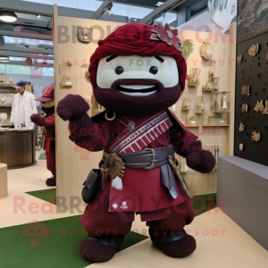 Maroon Samurai mascot costume character dressed with a Dungarees and Brooches