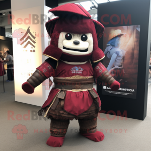 Maroon Samurai mascot costume character dressed with a Dungarees and Brooches