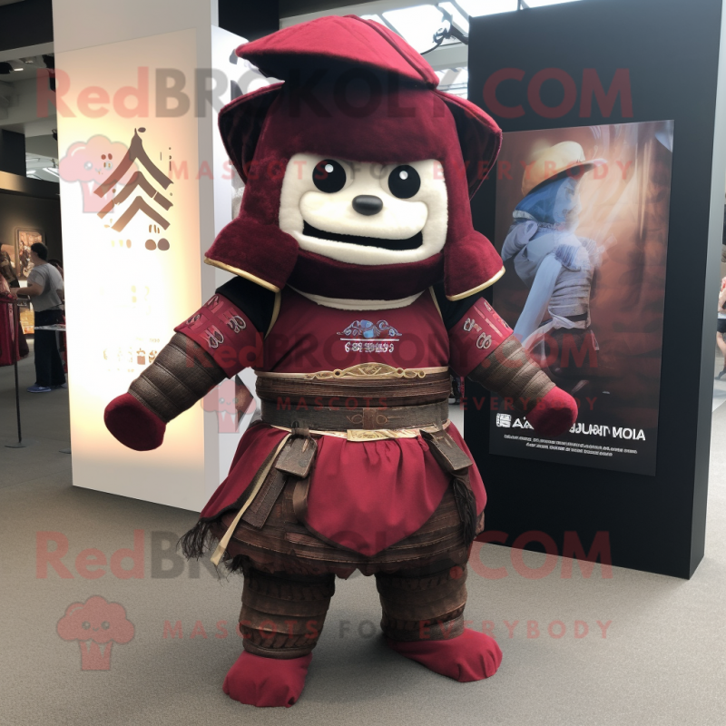 Maroon Samurai mascot costume character dressed with a Dungarees and Brooches Maroon Samurai mascot costume character dressed with a Dungarees and Brooches