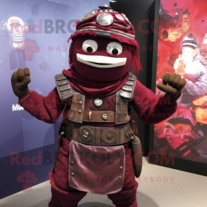 Maroon Samurai mascot costume character dressed with a Dungarees and Brooches
