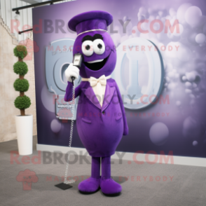 Purple Phone mascot costume character dressed with a Evening Gown and Tie pins
