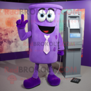 Purple Phone mascot costume character dressed with a Evening Gown and Tie pins