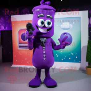 Purple Phone mascot costume character dressed with a Evening Gown and Tie pins