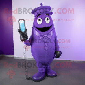 Purple Phone mascot costume character dressed with a Evening Gown and Tie pins