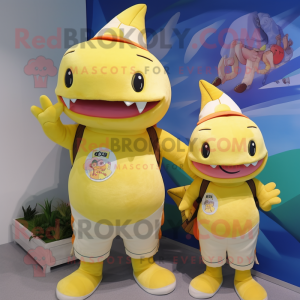 Lemon Yellow Axolotls mascot costume character dressed with a Polo Tee and Hats