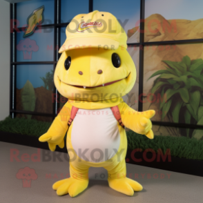 Lemon Yellow Axolotls mascot costume character dressed with a Polo Tee and Hats