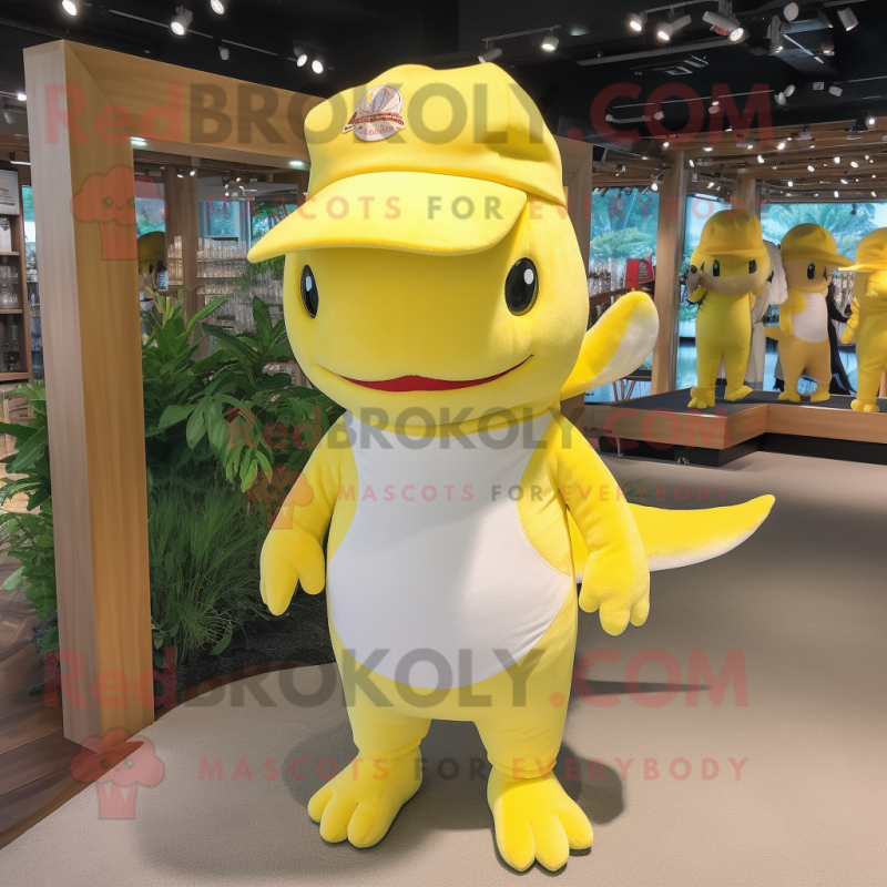 Lemon Yellow Axolotls mascot costume character dressed with a Polo Tee and Hats