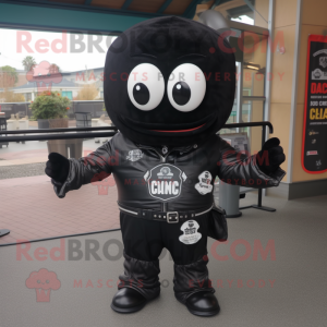 Black Clam Chowder mascot costume character dressed with a Biker Jacket and Wallets