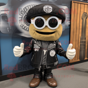 Black Clam Chowder mascot costume character dressed with a Biker Jacket and Wallets