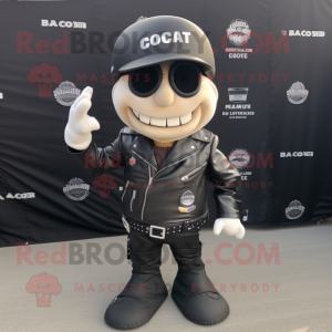 Black Clam Chowder mascot costume character dressed with a Biker Jacket and Wallets