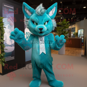 Teal Lynx mascot costume character dressed with a Wrap Dress and Gloves