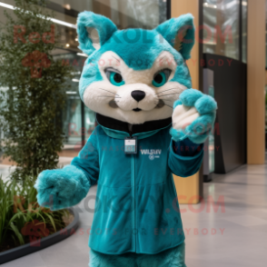 Teal Lynx mascot costume character dressed with a Wrap Dress and Gloves