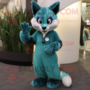 Teal Lynx mascot costume character dressed with a Wrap Dress and Gloves