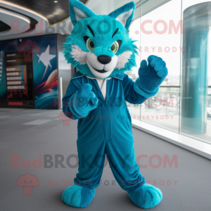 Teal Lynx mascot costume character dressed with a Wrap Dress and Gloves