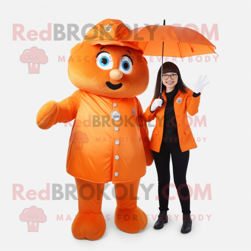 Orange Police Officer mascot costume character dressed with a Raincoat and Hairpins