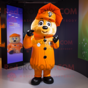 Orange Police Officer mascot costume character dressed with a Raincoat and Hairpins