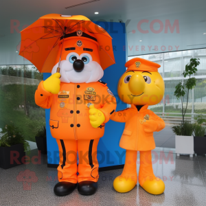 Orange Police Officer mascot costume character dressed with a Raincoat and Hairpins