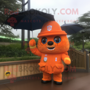 Orange Police Officer mascot costume character dressed with a Raincoat and Hairpins