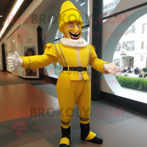 Yellow Swiss Guard mascot costume character dressed with a Cargo Pants and Hats