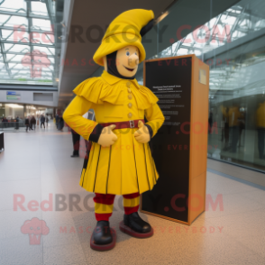 Yellow Swiss Guard mascot costume character dressed with a Cargo Pants and Hats