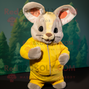 Yellow Chinchilla mascot costume character dressed with a Sweatshirt and Mittens