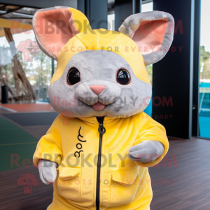 Yellow Chinchilla mascot costume character dressed with a Sweatshirt and Mittens