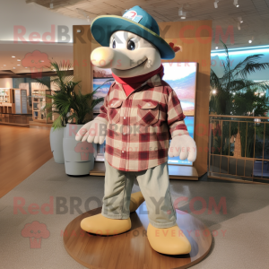 Beige Dolphin mascot costume character dressed with a Flannel Shirt and Hats