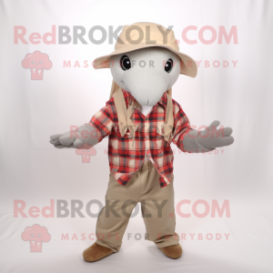 Beige Dolphin mascot costume character dressed with a Flannel Shirt and Hats