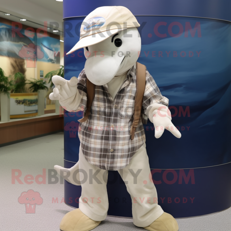 Beige Dolphin mascot costume character dressed with a Flannel Shirt and Hats