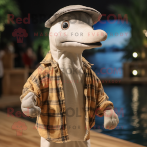Beige Dolphin mascot costume character dressed with a Flannel Shirt and Hats