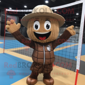 Brown Volleyball Net mascot costume character dressed with a Coat and Hats