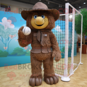 Brown Volleyball Net mascot costume character dressed with a Coat and Hats
