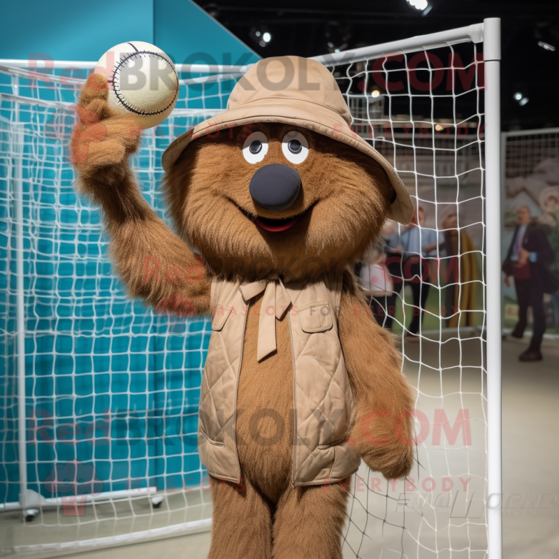 Brown Volleyball Net mascot costume character dressed with a Coat and Hats Brown Volleyball Net mascot costume character dressed with a Coat and Hats