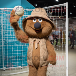 Brown Volleyball Net mascot costume character dressed with a Coat and Hats
