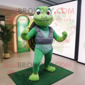 Forest Green Turtle mascot costume character dressed with a Yoga Pants and Belts