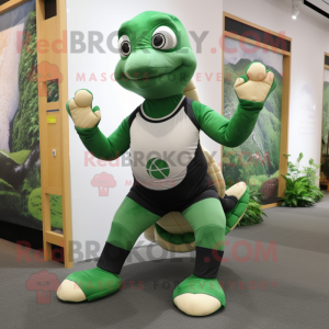 Forest Green Turtle mascot costume character dressed with a Yoga Pants and Belts