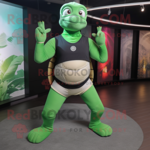 Forest Green Turtle mascot costume character dressed with a Yoga Pants and Belts