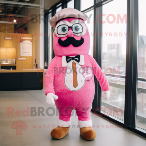 Pink Bagels mascot costume character dressed with a Overalls and Lapel pins