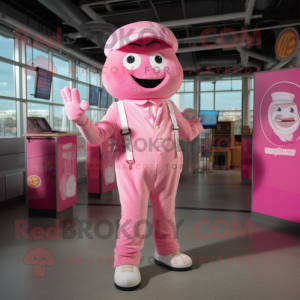 Pink Bagels mascot costume character dressed with a Overalls and Lapel pins