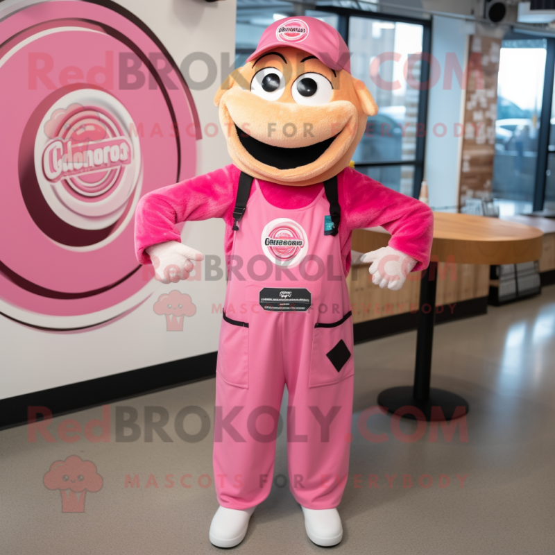 Pink Bagels mascot costume character dressed with a Overalls and Lapel pins