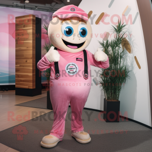 Pink Bagels mascot costume character dressed with a Overalls and Lapel pins