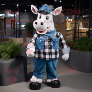 Blue Holstein Cow mascot costume character dressed with a Flannel Shirt and Pocket squares