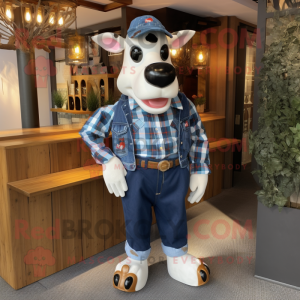 Blue Holstein Cow mascot costume character dressed with a Flannel Shirt and Pocket squares