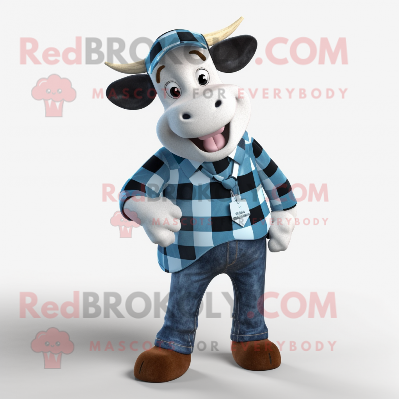 Blue Holstein Cow mascot costume character dressed with a Flannel Shirt and Pocket squares Blue Holstein Cow mascot costume character dressed with a Flannel Shirt and Pocket squares